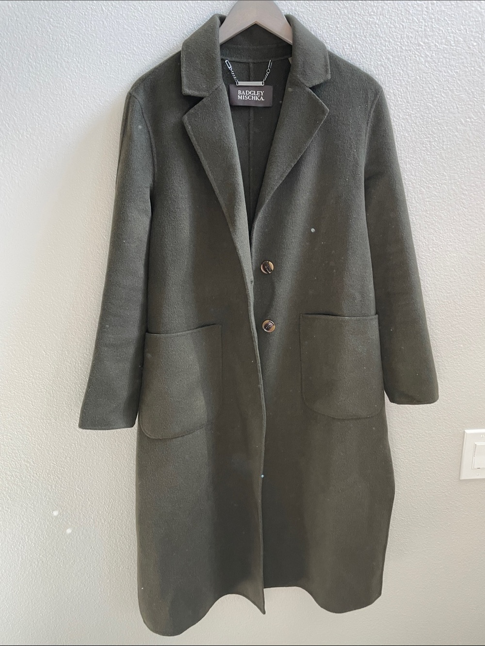 Badgley Mischka Olive Green Single-Breasted Wool Trench Coat